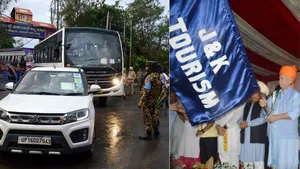 Security personnel keep a vigil as the first batch of pilgrims leaves for the annual 'Amarnath Yatra' from the Bhagwati Nagar base camp, in Jammu, Wednesday, July 2, 2025.