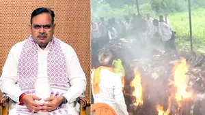 (Left) Bhajanlal Sharma; (right) Last rites of children killed in school building collapse incident being performed at Piplodi village in Jhalawar district.