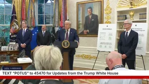 Donald Trump with Apple CEO Tim Cook, Vice President J D Vance, Secretary of the Treasury Scott Besant and Secretary of Commerce Howard Lutnick at the White House on Wednesday, August 6, 2025.