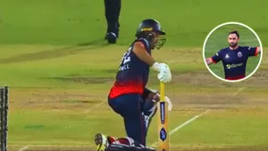 Glenn Maxwell couldn't believe after being clean bowled on a deceiving delivery by sangha