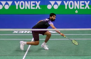 New Delhi : India's Srikanth Kidambi in action during the Round of 32 Men's single badminton match against Hong Kong's Lee Cheuk Yiu at the Yonex Sunrise India Open 2024