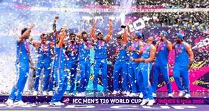 Barbados: Indian players celebrate their victory in the ICC Men's T20 Cricket World Cup Final match against South Africa