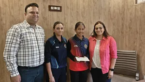 (From left to right): Kunal Gupta, Director, Bal Bhavan Group of Schools, Coach Kirti Arya, Chakshita, and Shikha Kumar, Vice-President, DDCA, at the end of a match in the Women’s T20 Cricket League at the Bal Bhavan School Cricket Academy in Dwarka. New Delhi.