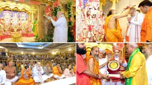 अहमदाबाद जगन्नाथ मंदिर में मंगला आरती का दिव्य दृश्य, जहां भक्तगण रथयात्रा के शुभ अवसर पर प्रार्थना कर रहे हैं।