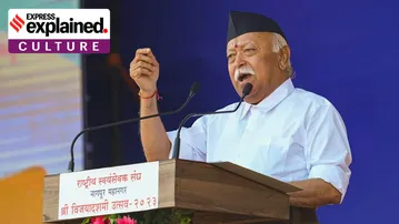 Rashtriya Swayamsevak Sangh (RSS) chief Mohan Bhagwat addresses RSS' 'Vijayadashmi Utsav', in Nagpur, Tuesday, Oct. 24, 2023. 