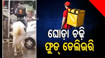 Food delivery boy rides horse to drop off orders amidst