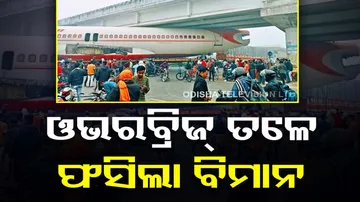 Airplane gets stuck under overbridge 