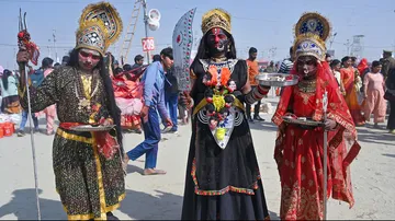 Devotees dressed as deities at Triveni Sangam at Maha Kumbh Mela Prayagraj