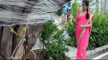 Why are seven strands of thread tied around a banyan tree 