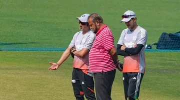 Shubman Gill and head coach Gautam Gambhir during a training session