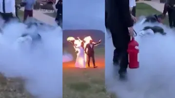 Stunt or Stupidity? Newlywed couple walk in flames to mark wedding day, watch