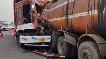 Container truck crashes into bitumen tanker at Tamando chhak