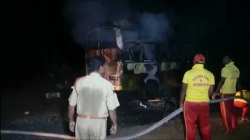 Bus torched by mob in Jharsuguda