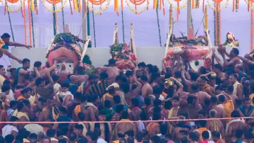 Snana Yatra rituals in progress on Snana Mandap at Puri Srimandir with religious fervour