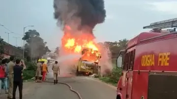 Bus catches fire after mishap near Baramunda in Bhubaneswar, no casualties reported