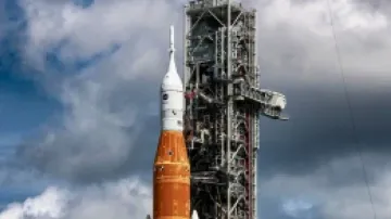 The Artemis I rocket sits on the launch pad at Kennedy Space Center
