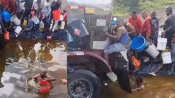 People swim in 'pool' of fuel after tanker overturns #Watch