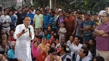 TMC minister Akhil Giri mocking looks of President during public rally in Nandigram, West Bengal