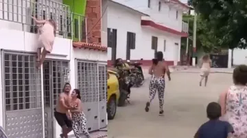 Woman chases husband’s girlfriend in towel on streets, watch high-voltage drama