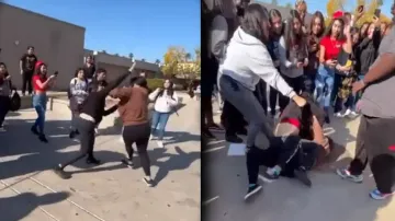 Two girls turn school campus into fierce fighting arena, watch