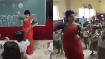 Lady teacher teaches students to dance on 'Har Har Shambhu' song