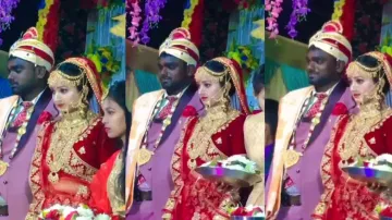 A happy groom but serious bride on wedding stage sparks debate on 'govt job power'