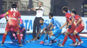 Action during the match between India and Japan in Rourkela