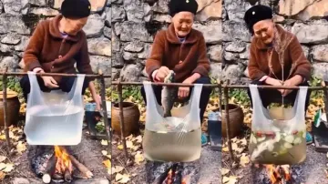 Elderly woman cooks fish in thin poly bag! Netizens shocked, watch