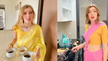 German woman turns desi wife, prepares tea in saree for Indian husband – watch