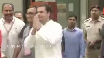 Rahul Gandhi walks to cast his vote