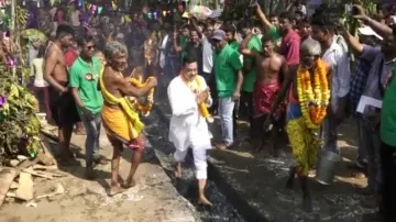 BJP National Spokesperson Sambit Patra walks on fire at Jhamu Jatra in Odisha’s Puri  
