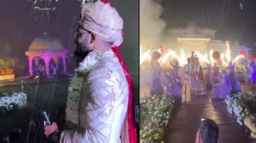 Bride & groom brave heavy rainfall for wedding celebrations, netizens react hilariously; watch