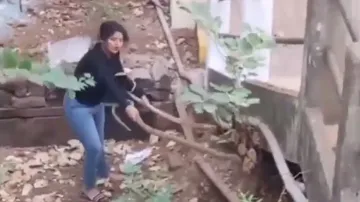 Unbelievable! Fearless girl jumps & grabs two huge cobras, netizens in shock; watch