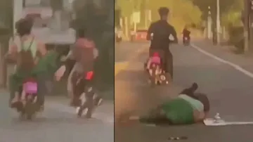 Girl kicks another young woman on bike out of jealousy, suffers instant karma; watch