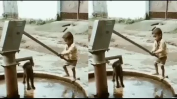 Kid helps puppy to quench thirst from hand pump, winning internet; watch