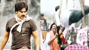 Pawan Kalyan’s craziest fan welcomes Power Star with garland while hanging from crane; watch