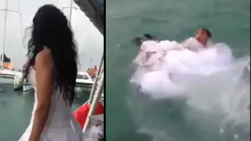 Bride jumps into water wearing wedding gown, what happens next is shocking; watch