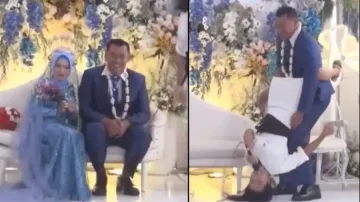 Bachelor’s party on wedding stage! Lady Singer clings to groom during show, watch how bride reacts
