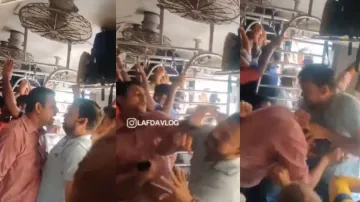 Two men fighting over a train seat in Mumbai local train; watch
