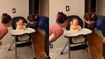 Mom approaches baby with her identical twin, watch how toddler reacts