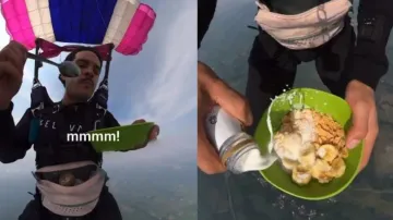 Man makes cereal meal while skydiving