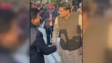 BJP National Vice-President Baijayant Panda shakes hands with Union Minister Piyush Goyal