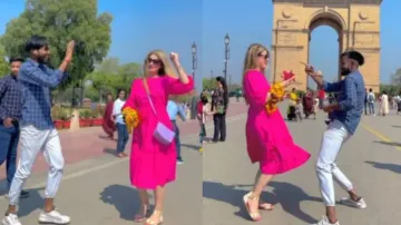 Desi youth makes Russian girl dance to Bhojpuri song in front of India Gate – Watch