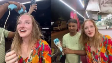 Russian girl gets head massage in Mumbai