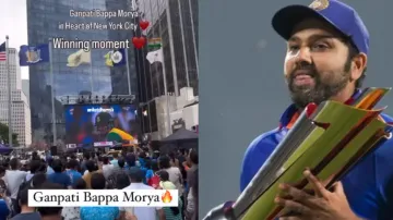 New York city, Rohit Sharma with T20 World Cup trophy