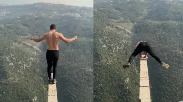 Man’s daredevil skipping rope act on hilltop pillar takes the internet by storm – Watch