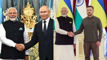 PM Modi with Russian President (left) & Ukraine President Volodymyr Zelensky (right)