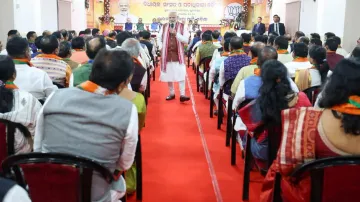 PM Narendra Modi addresses BJP leaders at Odisha party head office in Bhubaneswar