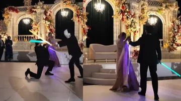 Groom 'fights' at wedding venue to rescue his bride in Star Wars style! Watch