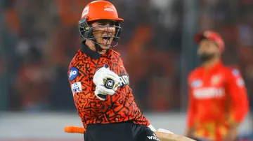 Sunrisers Hyderabad's Abhishek Sharma celebrates after scoring a century